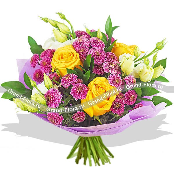 До встречи в сети - букет из желтых роз и фиолетовых хризантем